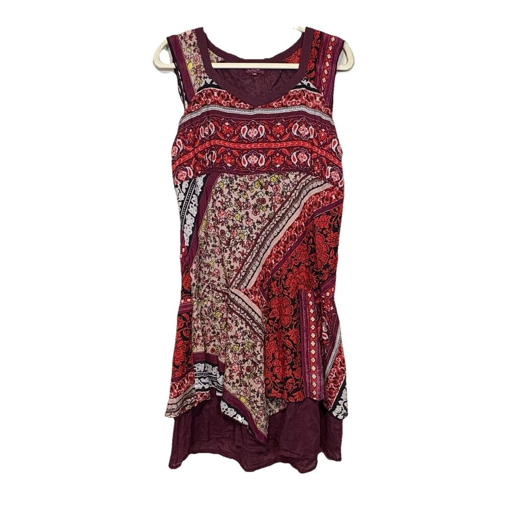 Coline Dress XL Burgundy Floral Patchwork Sleeveless Boho Tiered Tunic Gauze